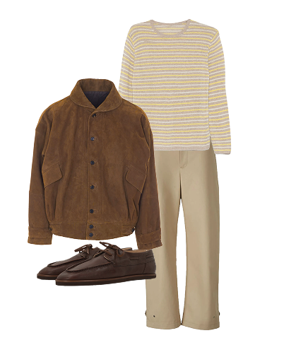Product flat-lay: jacket, striped sweater, trousers, and shoes